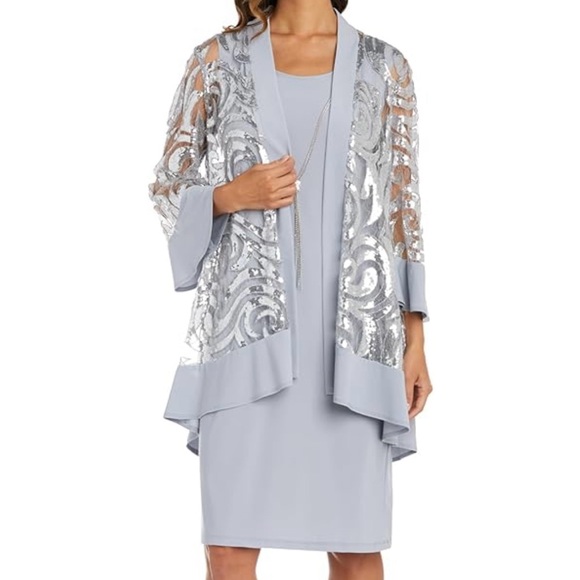 R&M Richards Dresses & Skirts - R&M Richards Scoop Neck 3/4 Sleeve Embellished Sequin 2-Piece Jacket Dress 10